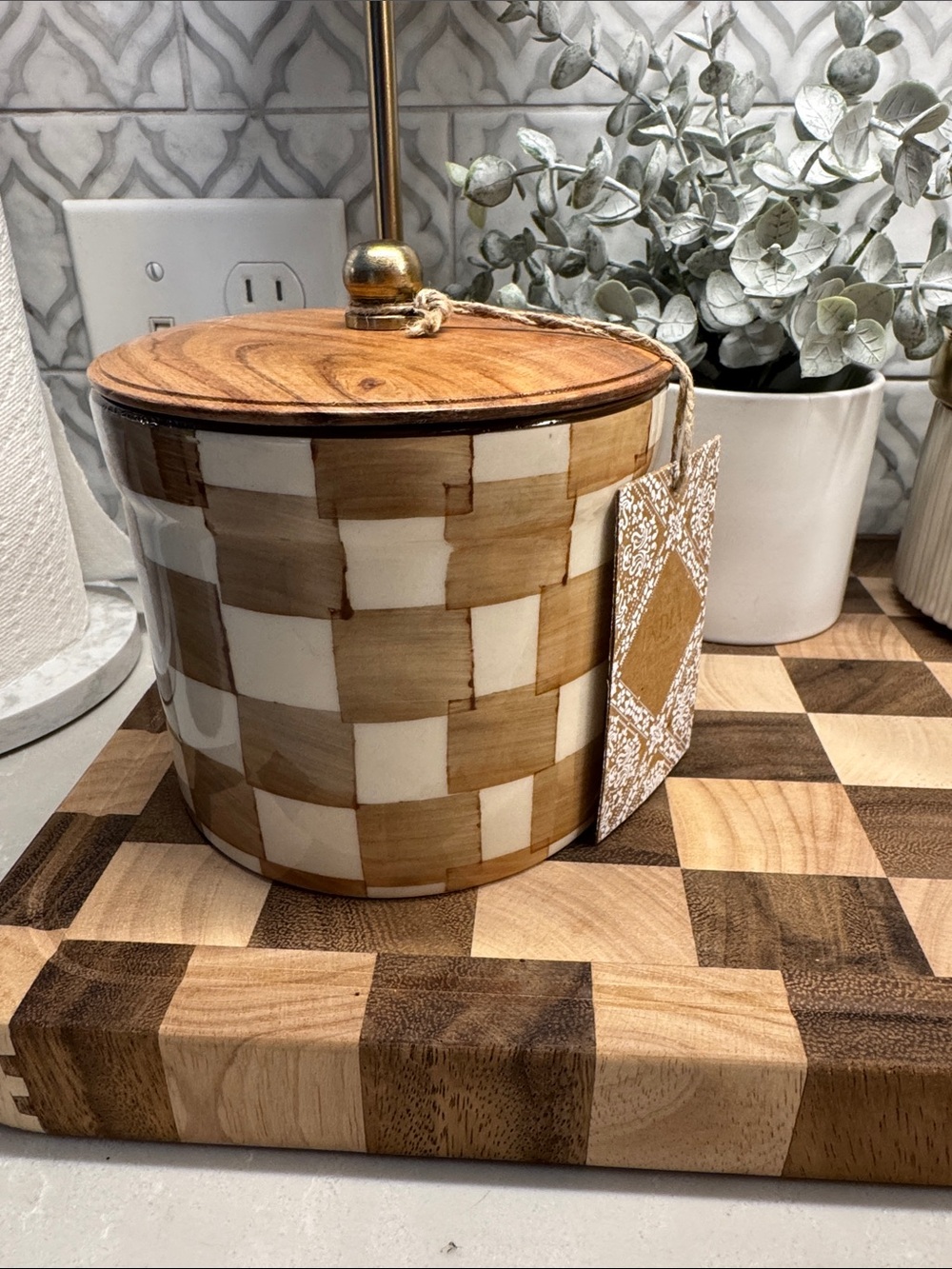 Made in India Mocha Checkered Ceramic Canister with Wood Lid